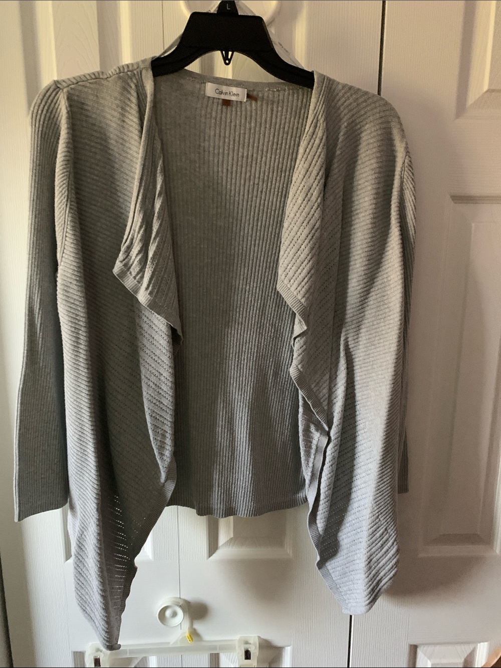 Calvin Klein Women's Light Gray Ribbed Draped Open-Front Cardigan